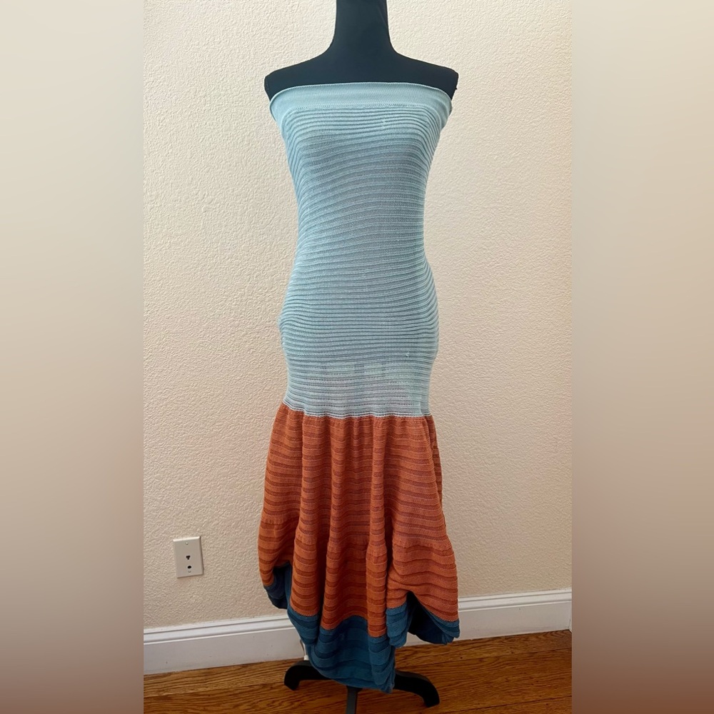 NWT Ioanna Kourbela Mint, Brown & Teal Knit Maxi Strapless Dress Size XS-SM